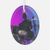 Drummer silhouet, neon blauw-roze achtergrond. glas ornament (Voorkant links)