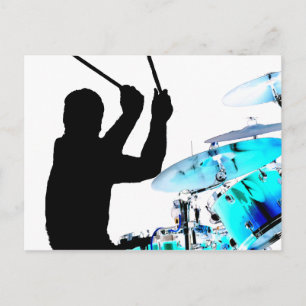 Drummer steekt in luchtschaduwblauwe invertdrums briefkaart