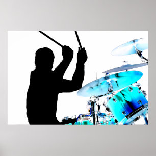 Drummer steekt in luchtschaduwblauwe invertdrums poster