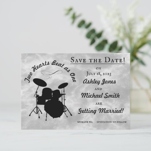 Drummer Wedding Rock & Roll Save the Date Drum Kit RSVP Kaartje (Staand voorkant)