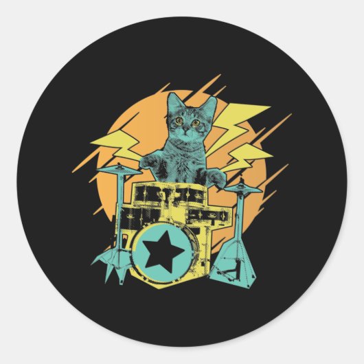 Drumming Cat Rock Music Kitten Ronde Sticker (Voorkant)