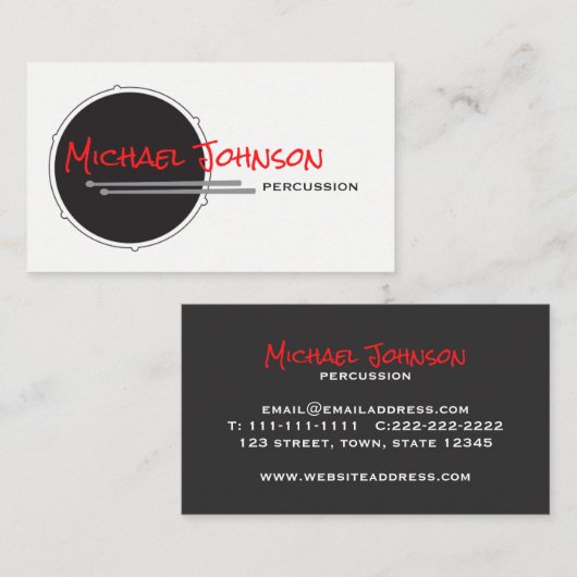 Drums Drummer Percussie Minimale Zwarte Muziek Coo Visitekaartje (Voorkant / Achterkant)