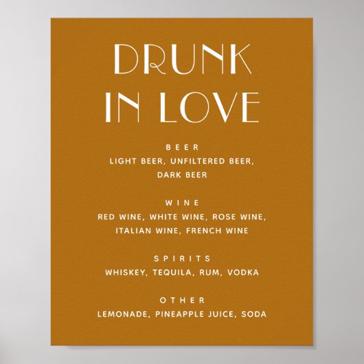 Drunk In Love. Mosterdgeel bruiloft drinken Poster (Voorkant)