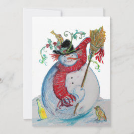 DRUNKEN SNOWMAN MET BIRDS WINTER HOLIDAY GREETING FEESTDAGENKAART