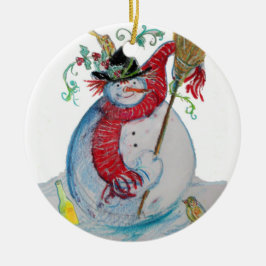 DRUNKEN SNOWMAN MET BIRDS WINTER HOLIDAY PARTY KERAMISCH ORNAMENT