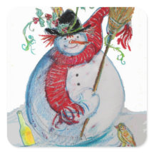 DRUNKEN SNOWMAN MET VOGELS IN WINTER