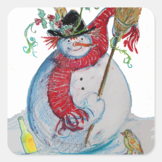 DRUNKEN SNOWMAN MET VOGELS IN WINTER VIERKANTE STICKER (Voorkant)