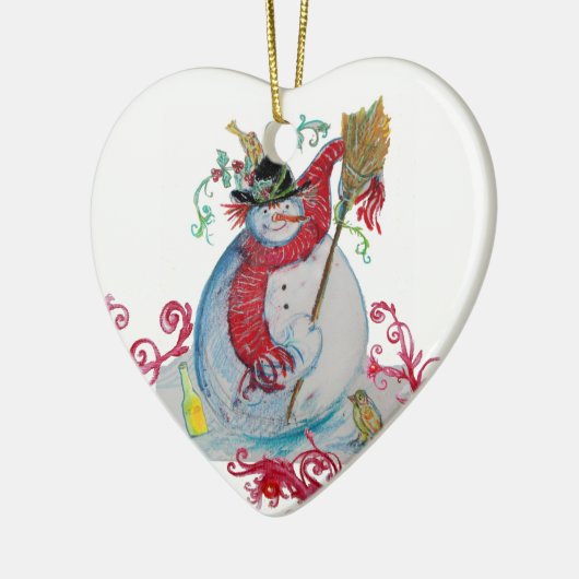 DRUNKEN SNOWMAN MET VORIGE Rood bloedert hart Keramisch Ornament (Links)