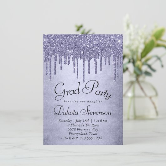 Druppelen Paarse Glitter | Lavendel Pour Afstudere Kaart (Staand voorkant)