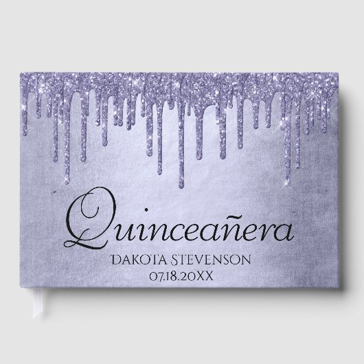 Druppelen Paarse Glitter | Lavendel Quinceanera Gastenboek (Voorkant)