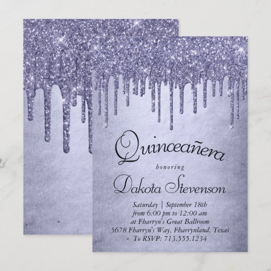 Druppelen Paarse Glitter | Lavendel Quinceanera Kaart (Voorkant / Achterkant)