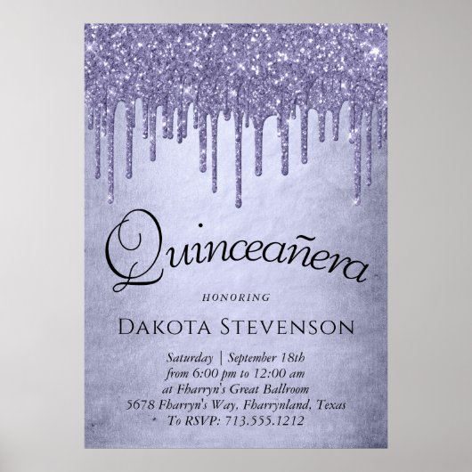 Druppelen Paarse Glitter | Lavendel Quinceanera Poster (Voorkant)