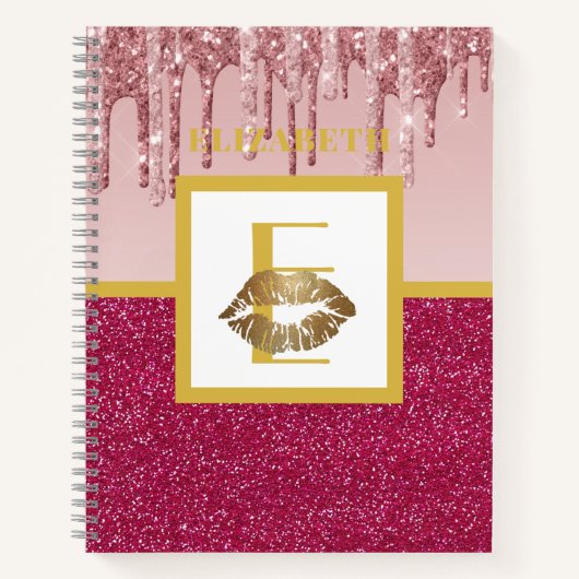 Druppelen Roze Goud Glitter Lips Monogram Meisje Notitieboek (Voorkant)
