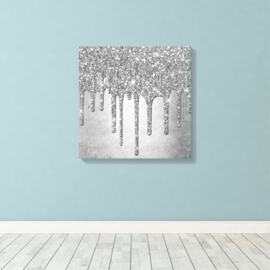 Druppelen Zilverachtige Glitter | Platina Faux Met Canvas Afdruk (Insitu (Houten vloer))