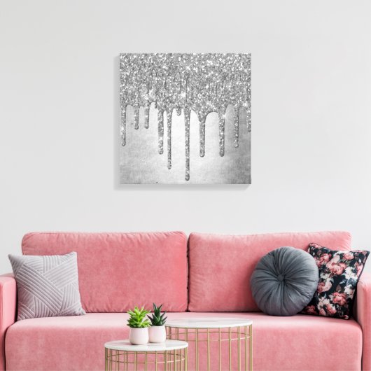Druppelen Zilverachtige Glitter | Platina Faux Met Canvas Afdruk (Insitu (Woonkamer))