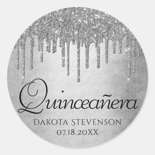 Druppelen Zilverachtige Glitter | Platina Quincean Ronde Sticker (Voorkant)