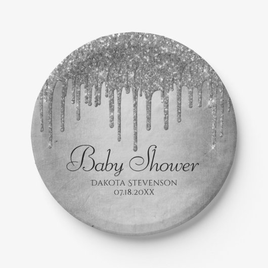 Druppelen Zilverachtige Glitter | Platinum Sparkle Papieren Bordje (Voorkant)