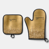 Druppelend Goud Glitter Glam Naam Ovenwant & Pannenlap Set (Voorkant)