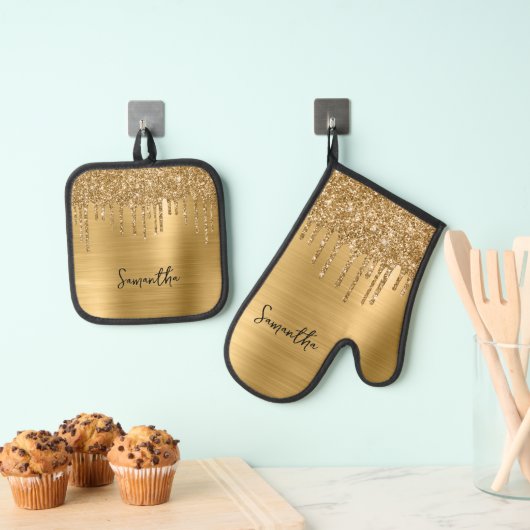 Druppelend Goud Glitter Glam Naam Ovenwant & Pannenlap Set (Insitu(Ophanging))
