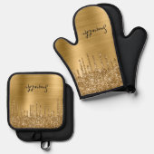 Druppelend Goud Glitter Glam Naam Ovenwant & Pannenlap Set (Voorkant / Achterkant)