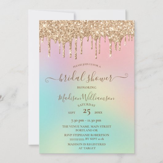Druppelend Gouden Glitters & Regenboog Bruidsdouch Kaart (Voorkant)