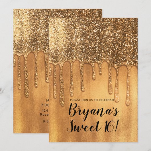Druppelend in Gouden Honing Glitters Zweet 16 Fees Kaart (Voorkant / Achterkant)