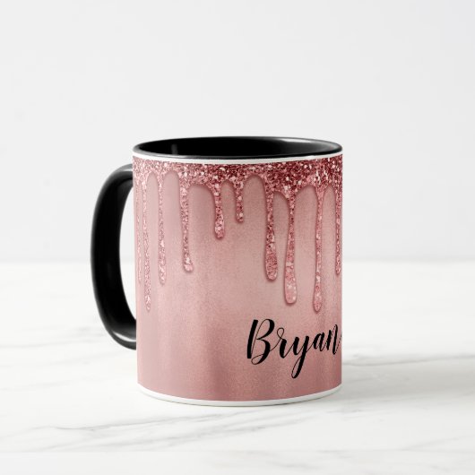 Druppelend in roze gouden glitters mooie roze drup mok (Voorkant links)