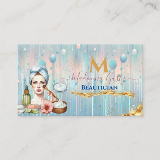 Druppelend Pastel Blauw Goud Monogram Beautician C Visitekaartje (Voorkant)