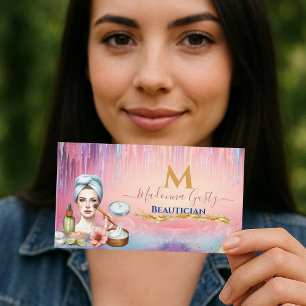 Druppelend Pastel Roze Gouden Monogram Beautician  Visitekaartje