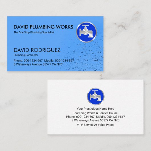 Druppelende blauwe waterdruppels sanitair visitekaartje (Voorkant / Achterkant)