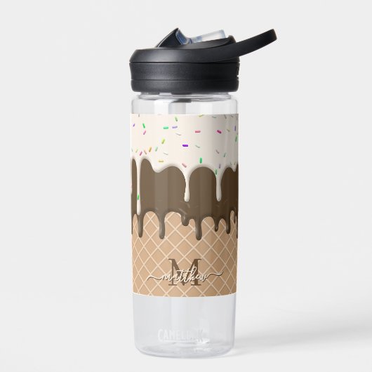 Druppelende chocolade ijs wafel kegel monogram waterfles (Links)