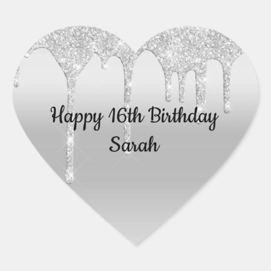 Druppelende Glitter Zilver Persoonlijke Verjaardag Hart Sticker (Voorkant)