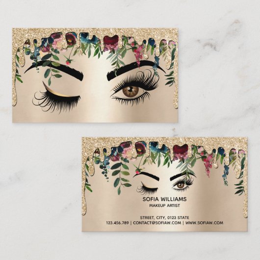 Druppelende gouden bloemenmake-up Wink Eye wimpers Visitekaartje (Voorkant / Achterkant)