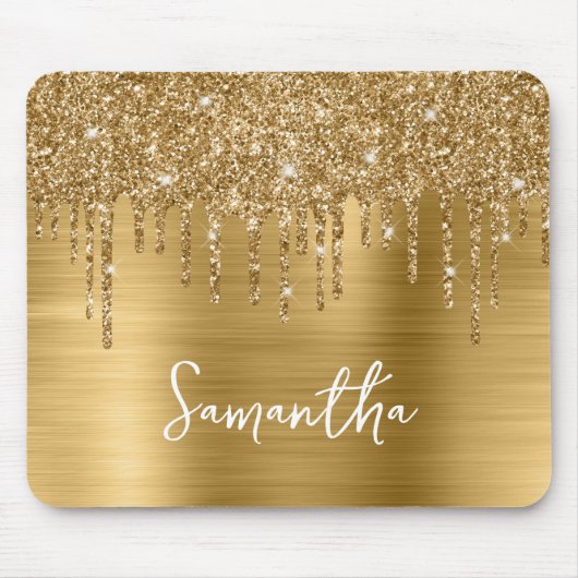 Druppelende Gouden Glitter Glam Naam Muismat (Voorkant)