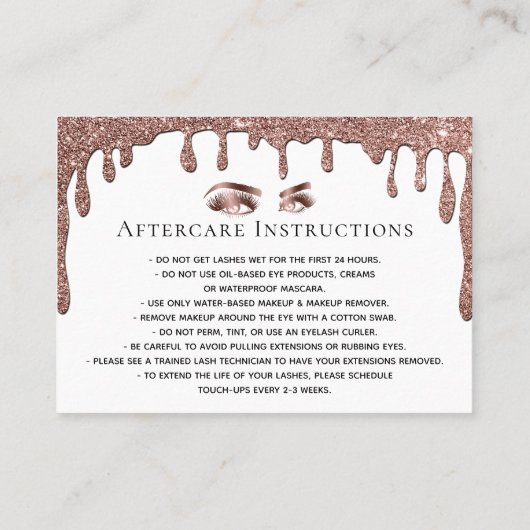 Druppelende gouden make-up ogen wimpers nazorg kaa aanbevelingskaartje (Achterkant)