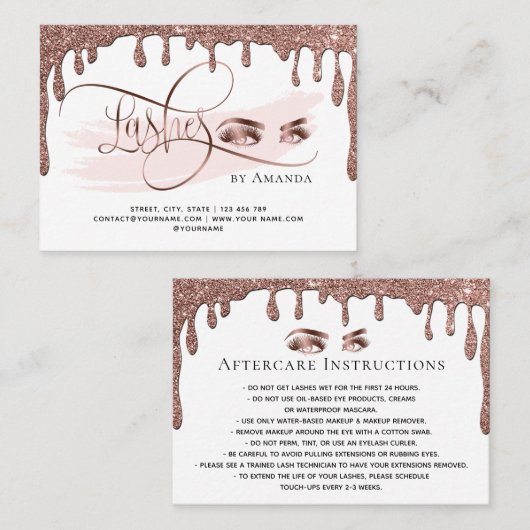 Druppelende gouden make-up ogen wimpers nazorg kaa aanbevelingskaartje (Voorkant / Achterkant)