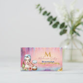 Druppelende pastel roze gouden monogram Beautician Visitekaartje (Staand voorkant)