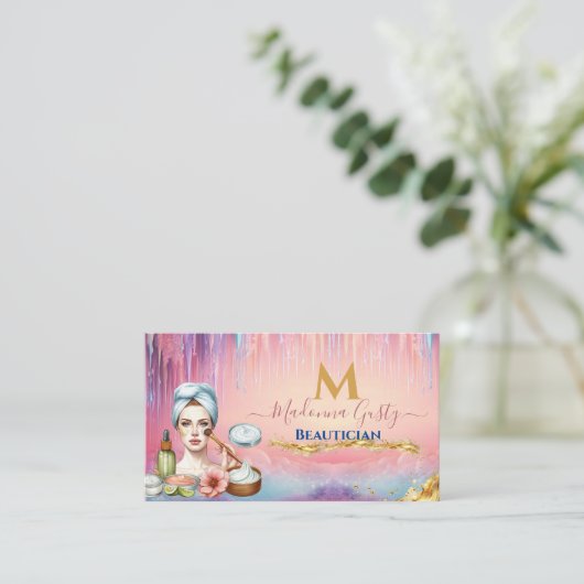Druppelende pastel roze gouden monogram Beautician Visitekaartje (Staand voorkant)