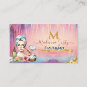 Druppelende pastel roze gouden monogram Beautician Visitekaartje (Voorkant)