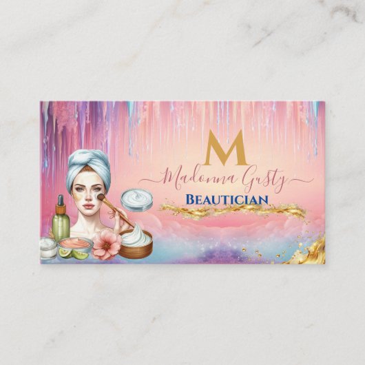 Druppelende pastel roze gouden monogram Beautician Visitekaartje (Voorkant)