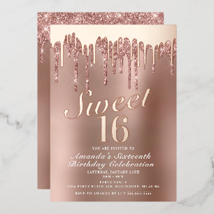 Druppelende Rose Goud Sweet 16 Verjaardag Echt Folie Uitnodiging