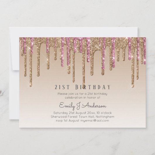 Druppelende Roze Gouden Glitters 21e VERJAARDAG Ro Kaart (Voorkant)