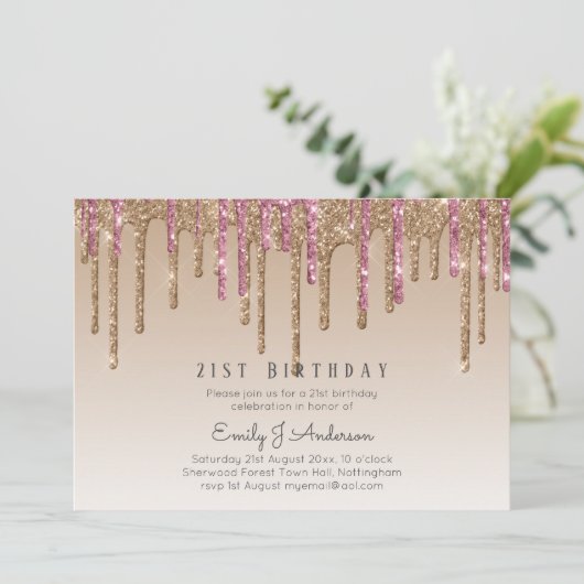 Druppelende Roze Gouden Glitters 21e VERJAARDAG Ro Kaart (Staand voorkant)