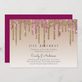 Druppelende Roze Gouden Glitters 21e VERJAARDAG Ro Kaart (Voorkant / Achterkant)