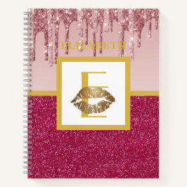 Druppelende Roze Roze Goud Glitter Lippen Monogram Notitieboek
