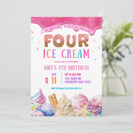 Druppelende Roze Schreeuw VIER IJs Verjaardagsfees Kaart (Staand voorkant)