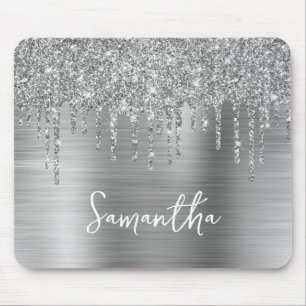Druppelende Zilveren Glitter Glam Naam Muismat