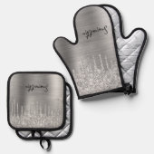 Druppelende Zilveren Glitter Glam Naam Ovenwant & Pannenlap Set (Voorkant / Achterkant)