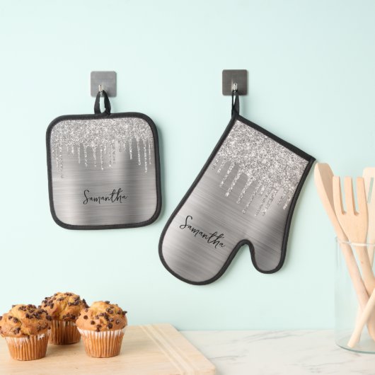 Druppelende Zilveren Glitter Glam Naam Ovenwant & Pannenlap Set (Insitu(Ophanging))