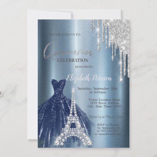 Druppels, Blauwe jurk, Eiffel Metallic Quinceañera Kaart (Voorkant)